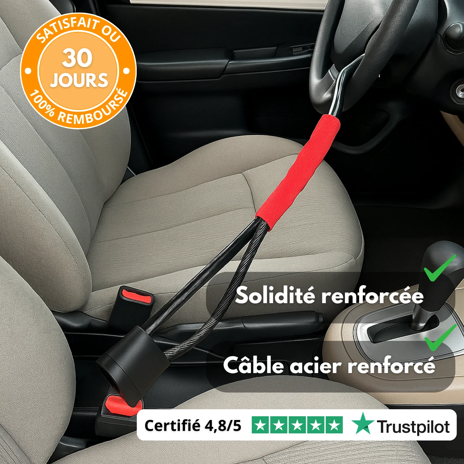 Antivol Voiture Volant & Ceinture – Câble Acier Renforcé + 3 Clés – Sécurité SUV, Camion, Auto - Image 6
