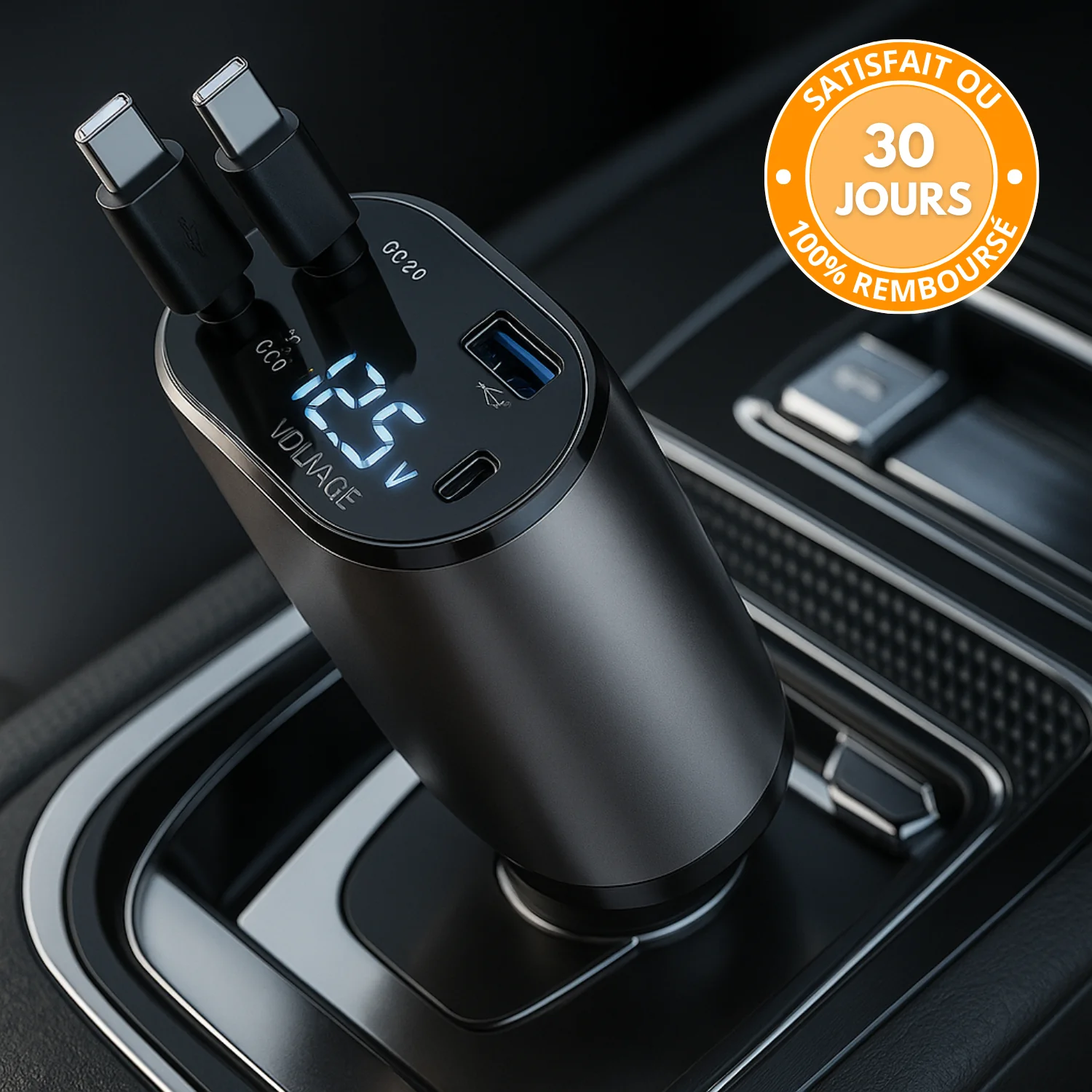 Chargeur Voiture Rétractable 4-en-1 Allume-Cigare avec Écran LED, USB Type-C - Image 2