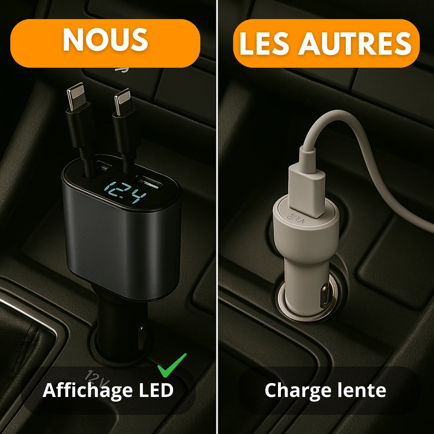 Chargeur Voiture Rétractable 4-en-1 Allume-Cigare avec Écran LED, USB Type-C - Image 3