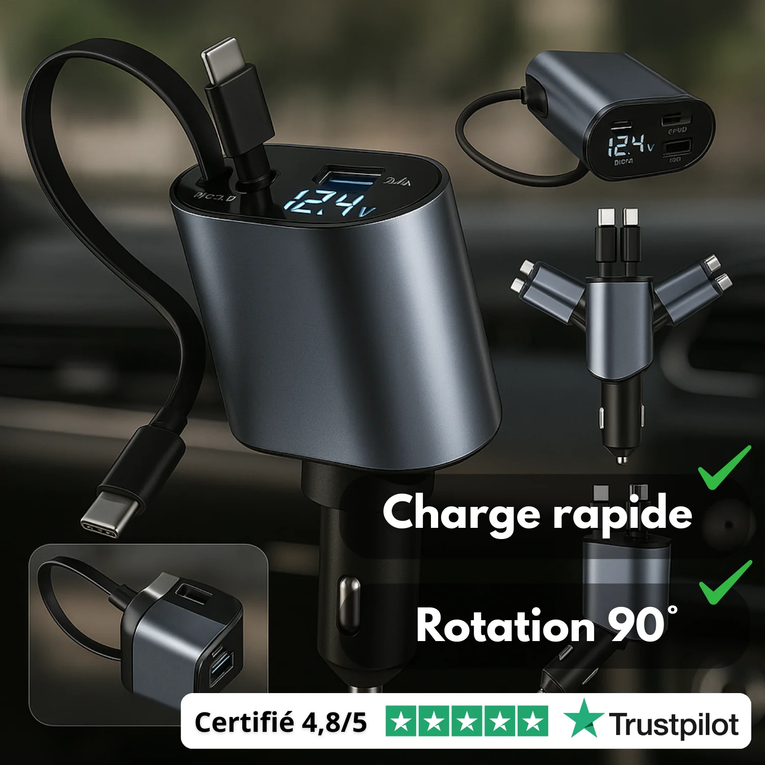 Chargeur Voiture Rétractable 4-en-1 Allume-Cigare avec Écran LED, USB Type-C - Image 4