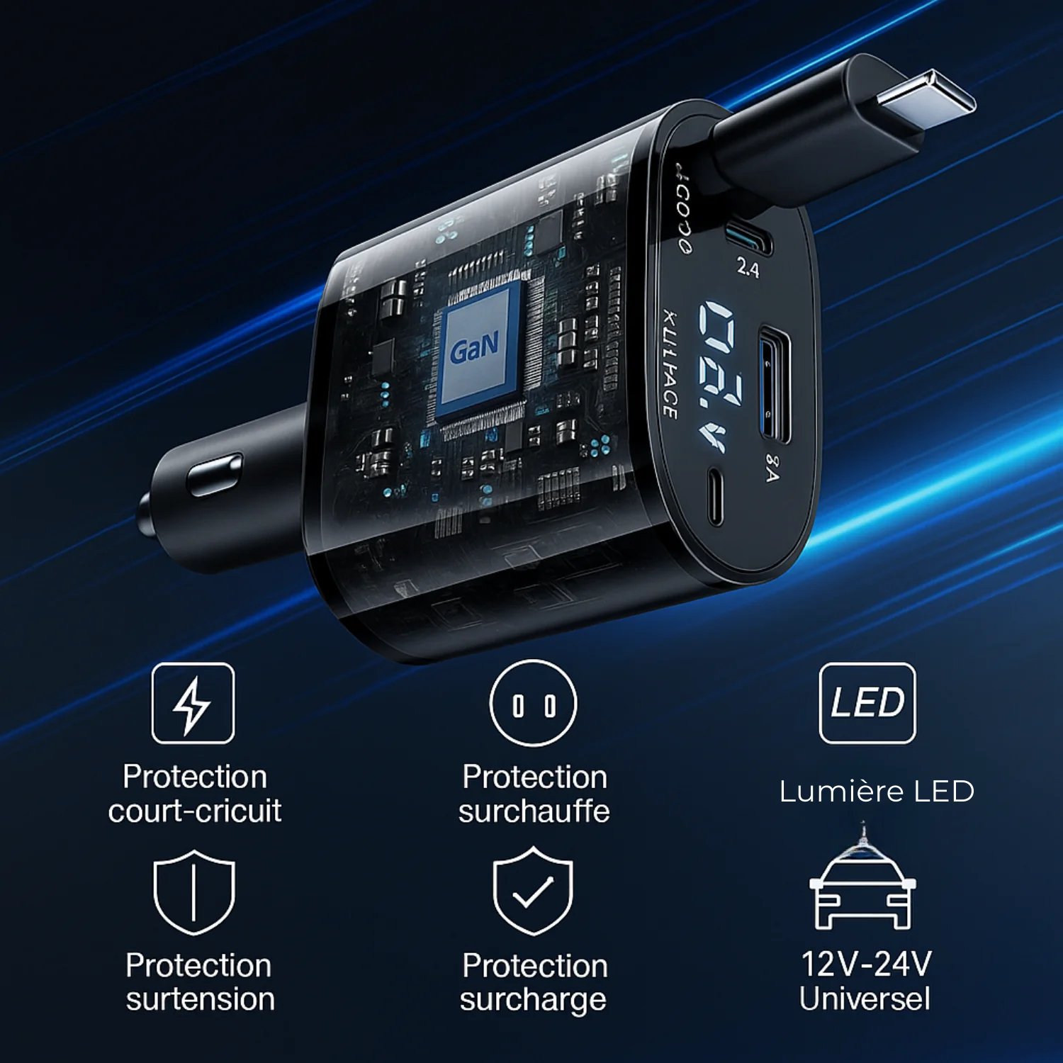 Chargeur Voiture Rétractable 4-en-1 Allume-Cigare avec Écran LED, USB Type-C - Image 6