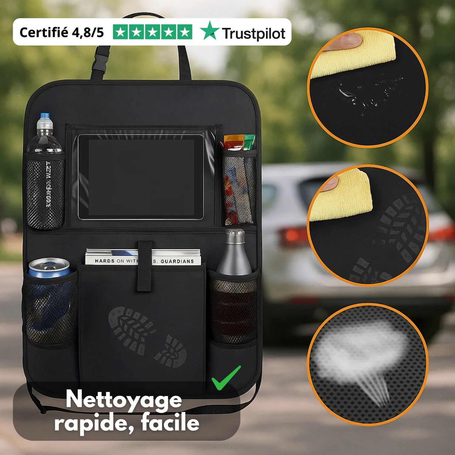 Organisateur de Siège Arrière Voiture (Lot de 2) – Rangement Multi-Poches, Protection Dossier et Repose-Pieds – Noire - Image 10