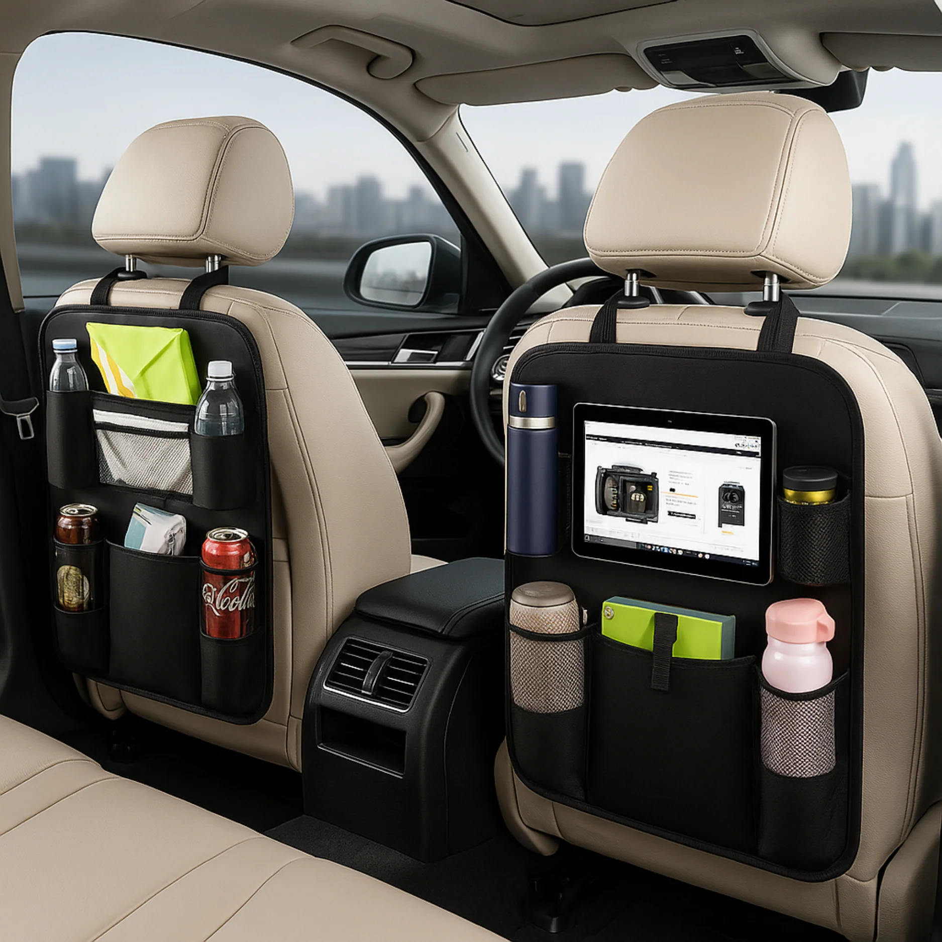 Organisateur de Siège Arrière Voiture (Lot de 2) – Rangement Multi-Poches, Protection Dossier et Repose-Pieds – Noire - Image 2