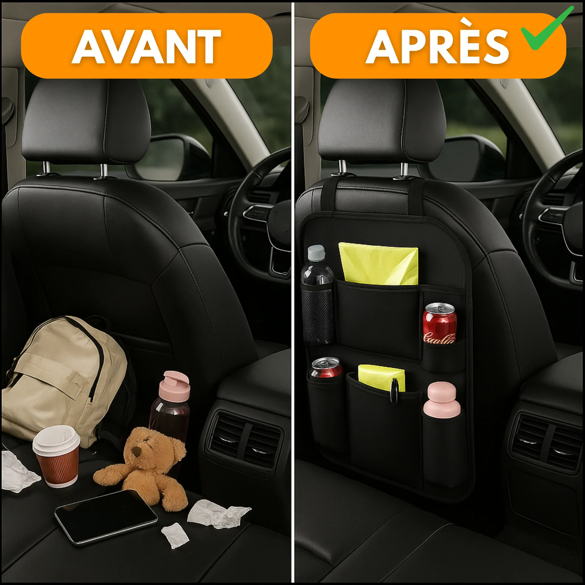 Organisateur de Siège Arrière Voiture (Lot de 2) – Rangement Multi-Poches, Protection Dossier et Repose-Pieds – Noire - Image 3