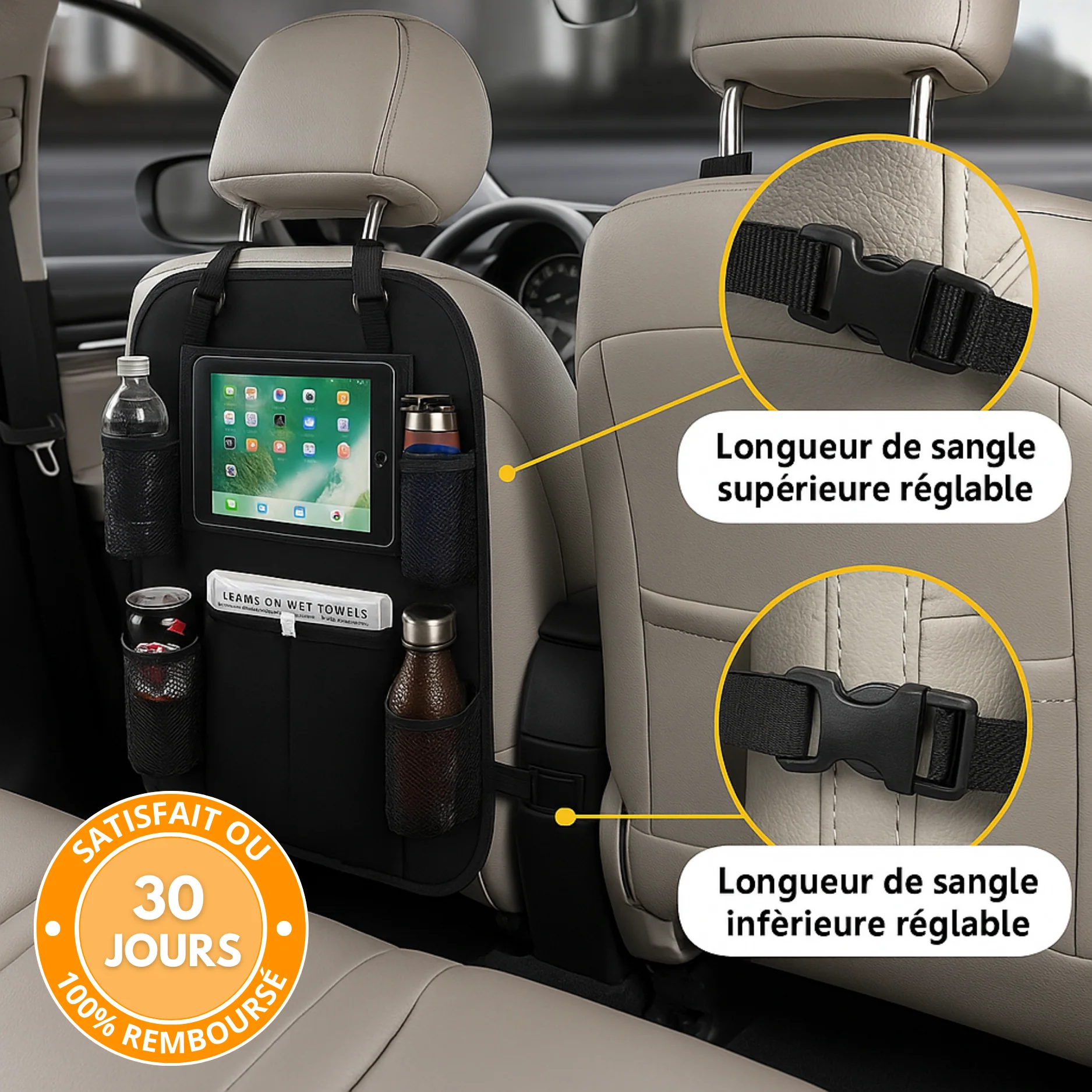Organisateur de Siège Arrière Voiture (Lot de 2) – Rangement Multi-Poches, Protection Dossier et Repose-Pieds – Noire - Image 4