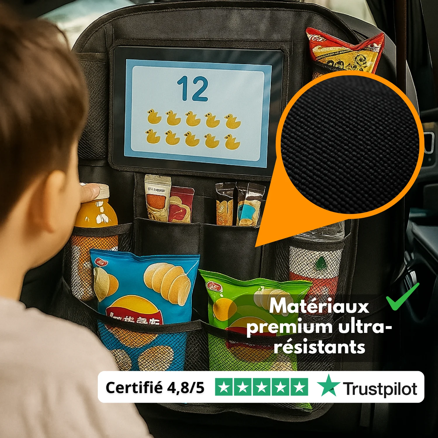 Organisateur de Siège Arrière Voiture (Lot de 2) – Rangement Multi-Poches, Protection Dossier et Repose-Pieds – Noire - Image 6