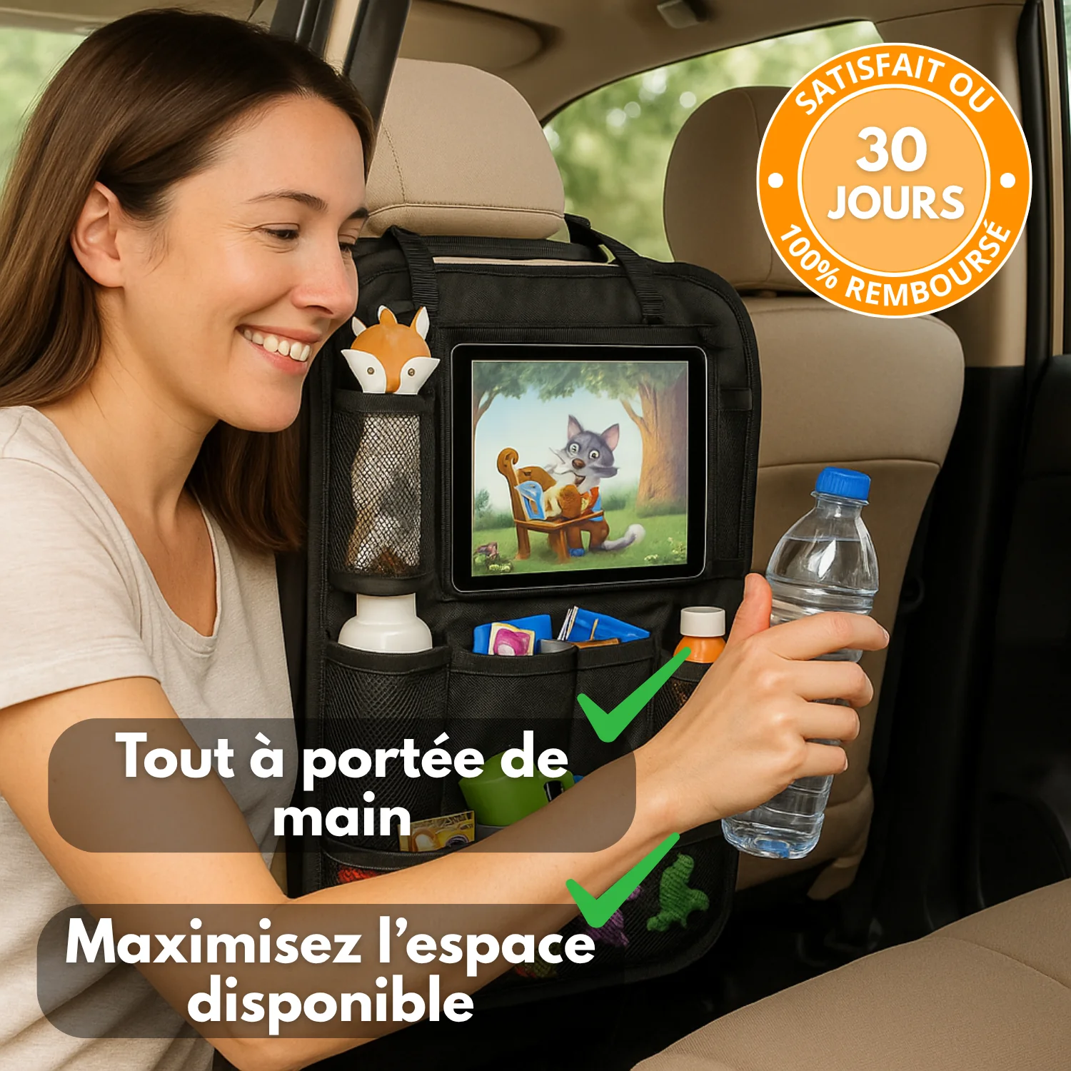Organisateur de Siège Arrière Voiture (Lot de 2) – Rangement Multi-Poches, Protection Dossier et Repose-Pieds – Noire - Image 8