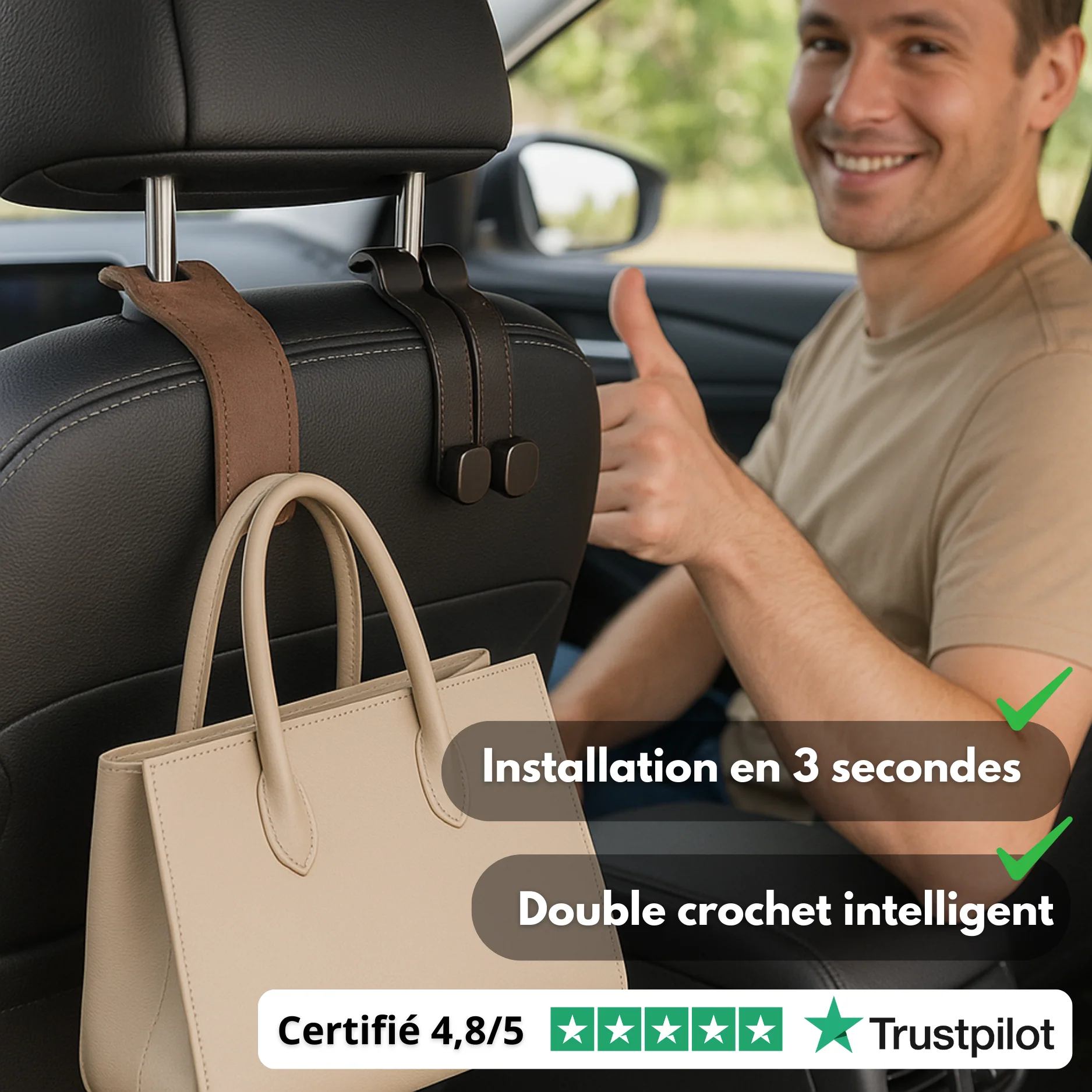 Porte-Sac Voiture Universel – Support Sac Voiture en Cuir - Image 2